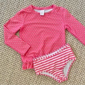 Ruffle Butts Pink Heart-Print Long Sleeve Rashguard with Striped Bottoms
